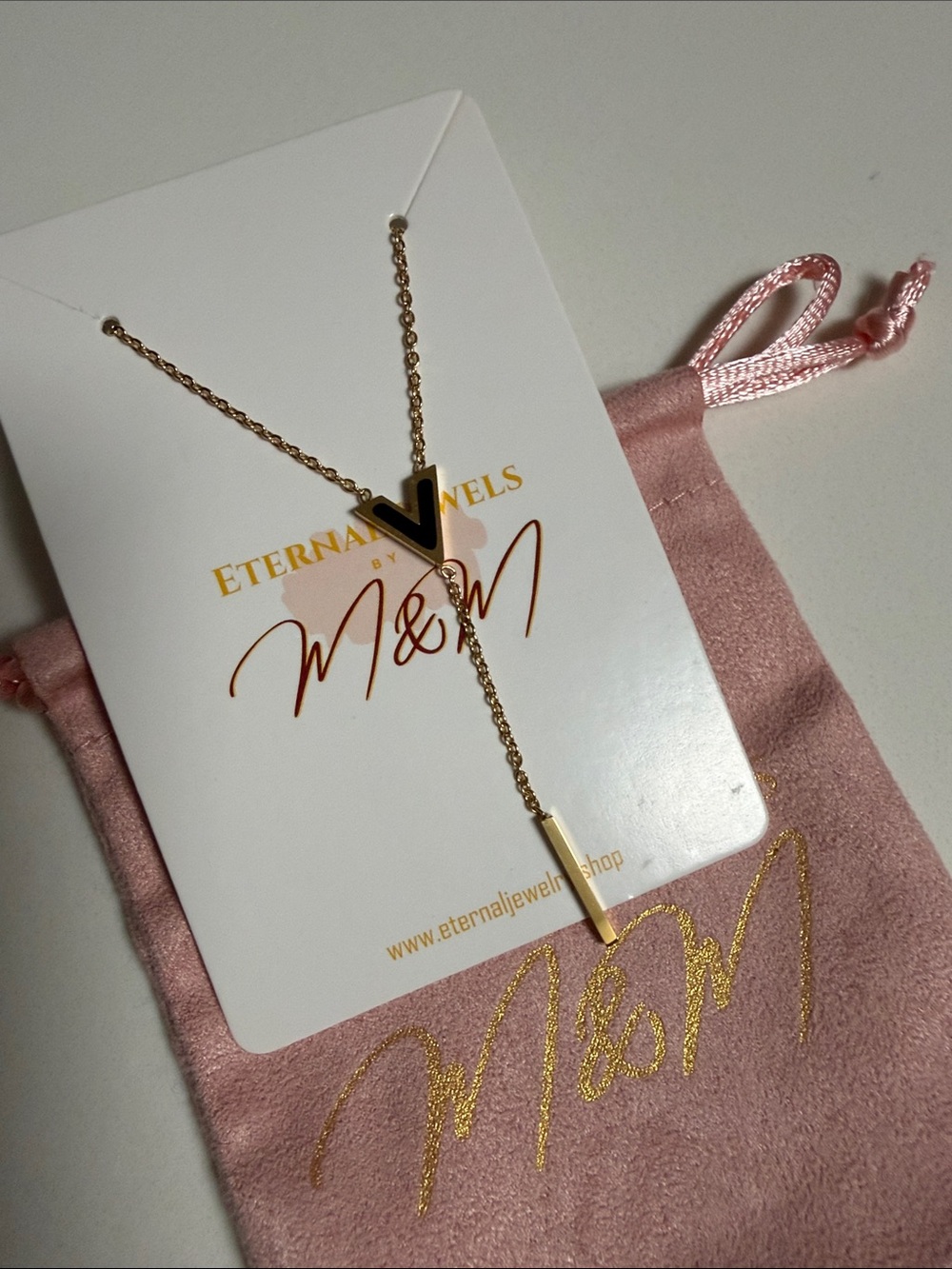 Gold and Black V Pendant Lariat Necklace double size